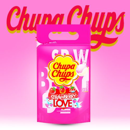 Chupa Chups Strawberry LOVE - epres nyalóka 3 féle változatba (Eper, savanyú eper és eper krém) 25x12g = 300g